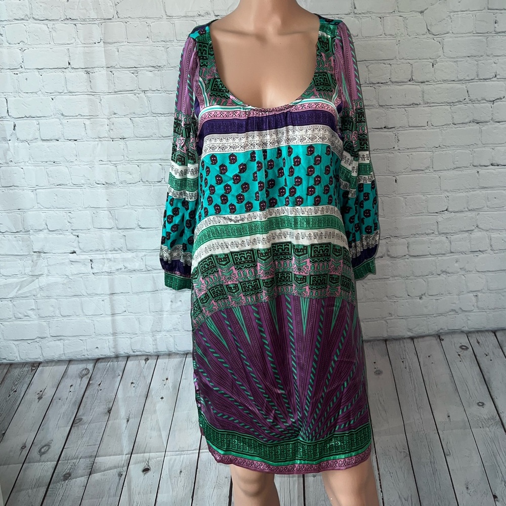 Hale Bob Teal and Purple Bohemian Dress 100% Silk XS